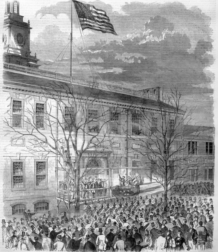 A sketch of the flag-raising from Harper's Weekly