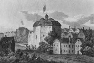 A flag flies above the Globe Theatre, where Shakespeare's plays were enacted.