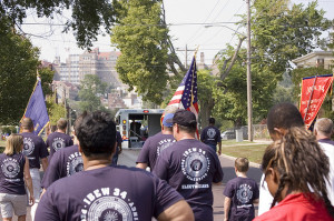 The IBEW electricians walk in Peoria, Illinois