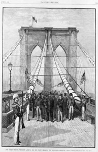 With flags flying above him, President Arthur leads the first walk across the Brooklyn Bridge in 1883.