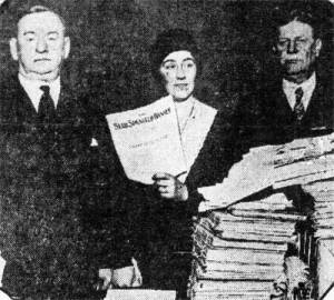 Elsie Jorss Reilley with congressmen, sheet music and thousands of petitions