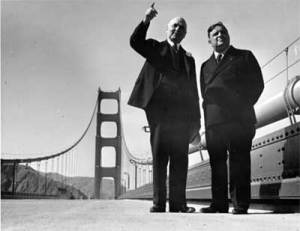 Mayor Rossi shows NYC Mayor LaGuardia the new bridge.