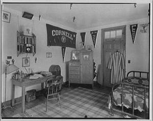 A Cornell banner hangs in a dorm room in 1920. (Library of Congress)