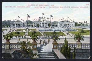 Flags fly atop a Jamestown Exposition building