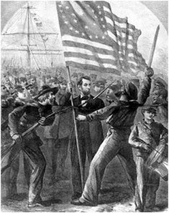 Lincoln grasps an American flag while surrounded by troops in this fanciful image