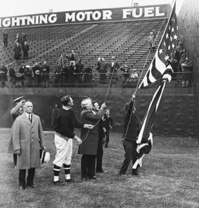 On Opening Day in 1929, Old Glory is lifted in Washington, D.C