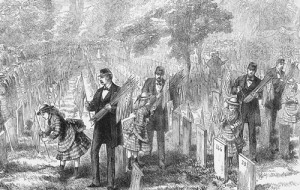 Families place memorials on graves in Philadelphia on Decoration Day 1876. (Library of Congress)