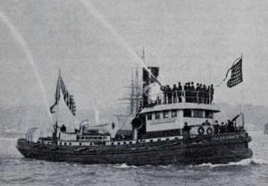 The Fire Boat New-Yorker, operated by the NY Fire Department, displays flags. (The New York Public Library Digital Collections. 1895)