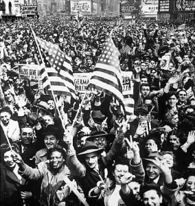 Americans in New York City jam Times Square on V-E Day.