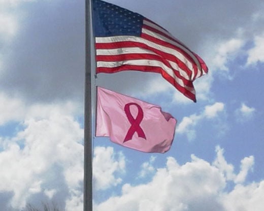 Pink Ribbon Flag mounted below the American Flag on a flagpole